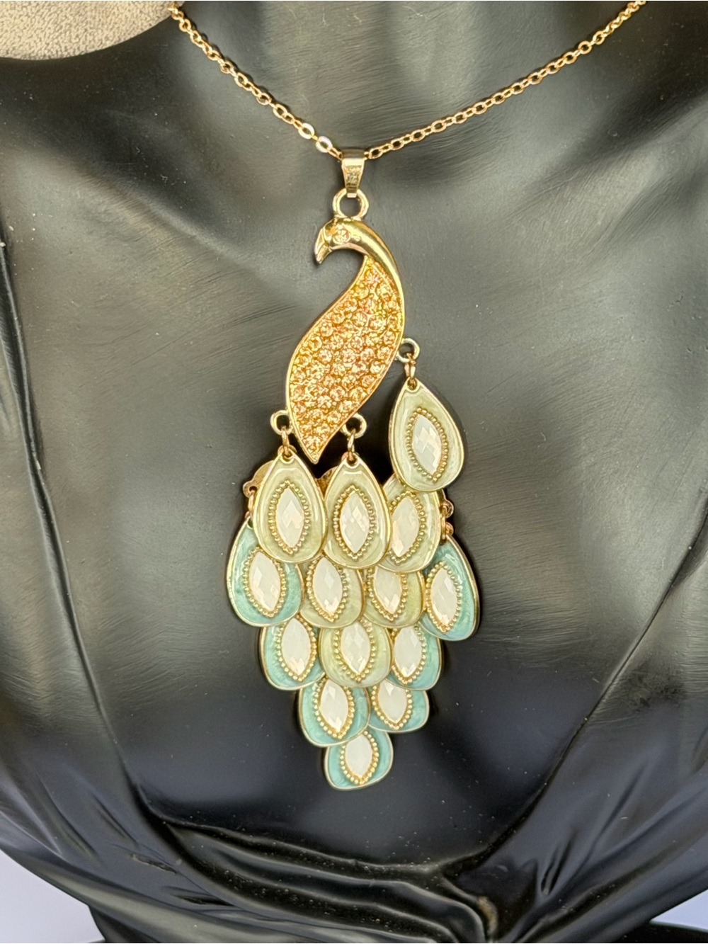 Boho Gold Peacock Statement Pendant Necklace Mint Teal Enamel